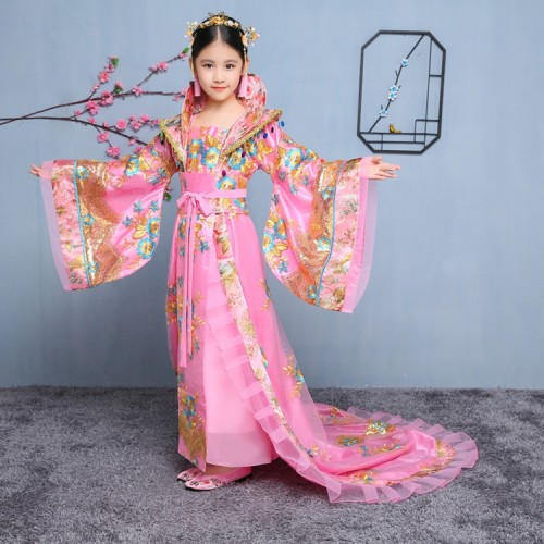 Girls Chinese folk fairy dance dresses costumes for kids children pink princess ancient traditional dance drama cosplay dresses robes